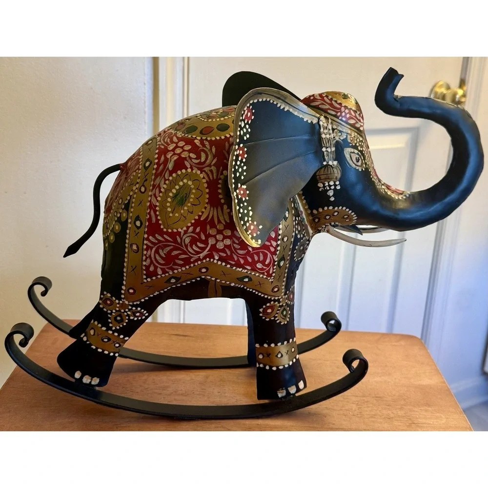 Vintage Metal Rocking Elephant Decor Hand Painted ‎ 18